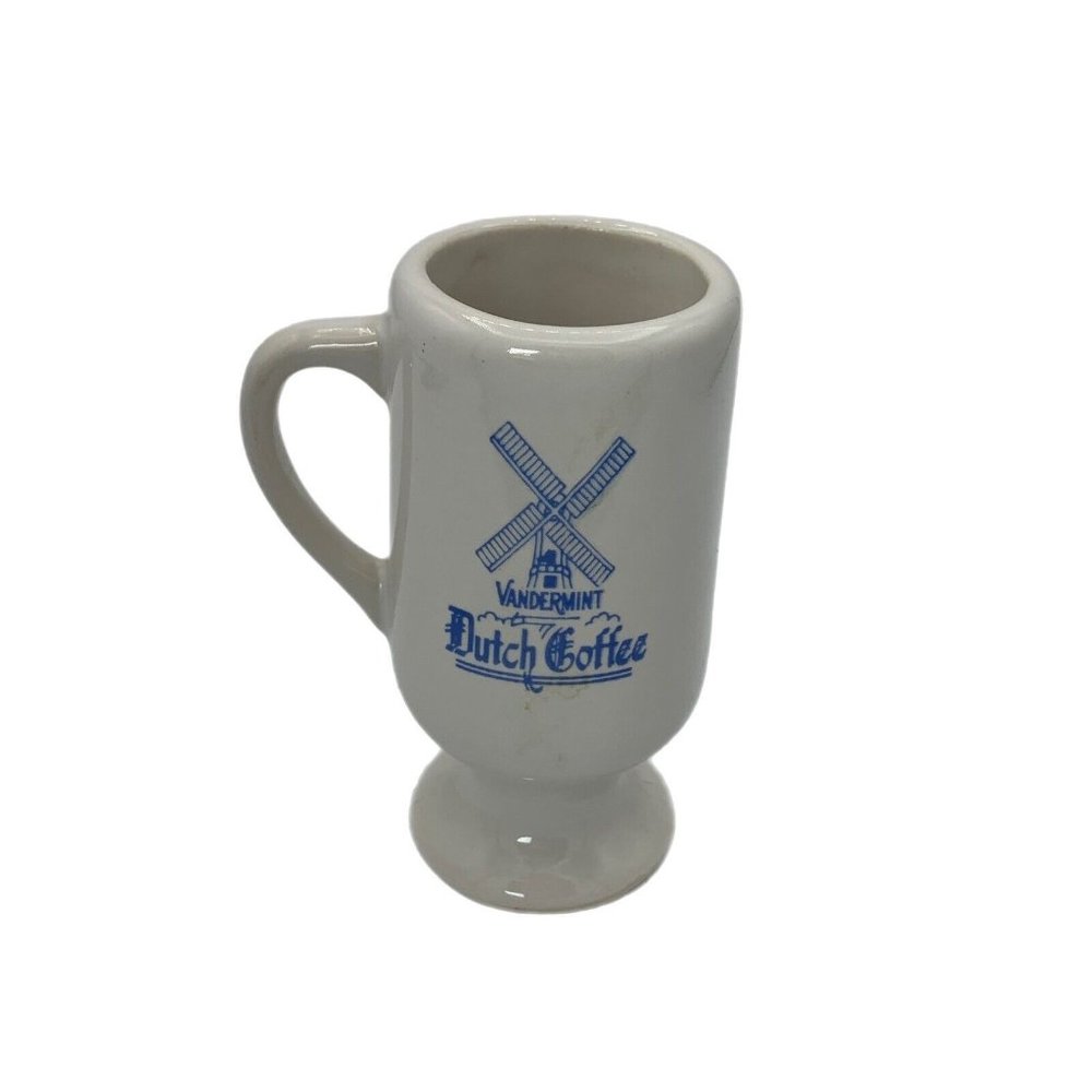 Vintage Vandermint Dutch Coffee Mug White w/ Blue Graphics Windmill Collectible